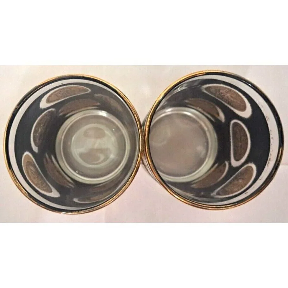 Vintage Libbey Gold Coin Black Textured MCM Set Of 2 Highball Glasses FLAW